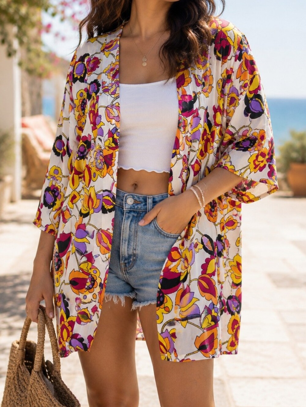ModCloth Floral Abstract Bell Sleeve Kimono | Boho Lightweight Open Front Jacket